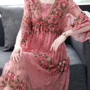 Beautiful Pink Embroidered Lace Up Silk Robe Dresses Flare Sleeve
